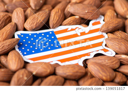 Small flag and map of USA in almonds. Agribusiness of growing almonds in USA concept Small flag and map of USA in almonds. Agribusiness of growing almonds in USA concept 139051817