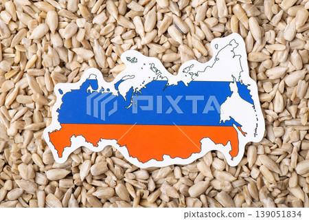 Flag and map of Russia on peeled sunflower seeds. Growing sunflowers in Russia, origin concept Flag and map of Russia on peeled sunflower seeds. Growing sunflowers in Russia, origin concept 139051834