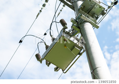 New electrical pole installed in countryside. Energy, power, infrastructure concept, providing electricity New electrical pole installed in countryside. Energy, power, infrastructure concept, providing electricity 139051850