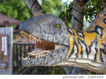 A large model Dinosaur in the outdoors at a wildlife park in Australia 139051928