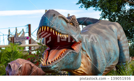 A large model Dinosaur in the outdoors at a wildlife park in Australia A large model Dinosaur in the outdoors at a wildlife park in Australia 139051936