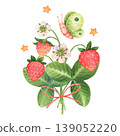 Sweet bouquet of strawberries tied with a bow. Summer arrangement with a funny butterfly and stars. Watercolor illustration hand drawn and isolated on a white background. Perfect for children product 139052220