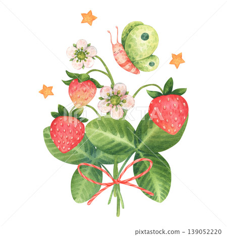 Sweet bouquet of strawberries tied with a bow. Summer arrangement with a funny butterfly and stars. Watercolor illustration hand drawn and isolated on a white background. Perfect for children product Sweet bouquet of strawberries tied with a bow. Summer arrangement with a funny butterfly and stars. Watercolor illustration hand drawn and isolated on a white background. Perfect for children product 139052220
