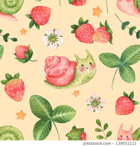 Cute cartoon seamless pattern with snails, strawberries, flowers, leaves, and stars. Garden or forest characters and elements in children style. Watercolor illustration isolated on yellow background Cute cartoon seamless pattern with snails, strawberries, flowers, leaves, and stars. Garden or forest characters and elements in children style. Watercolor illustration isolated on yellow background 139052221