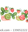 Seamless border with cute funny snails and strawberry in a kids cartoon style. Hand-drawn watercolor illustration isolated on a white background. Perfect for posters, cards, invitations, packaging 139052222