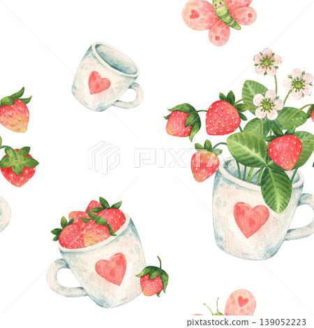 Seamless pattern with strawberry bouquet in a cup, mug full of strawberries, empty white cups. Garden or wild berries in cartoon style. Hand-drawn watercolor illustration isolated on white background Seamless pattern with strawberry bouquet in a cup, mug full of strawberries, empty white cups. Garden or wild berries in cartoon style. Hand-drawn watercolor illustration isolated on white background 139052223