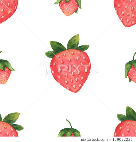 Simple seamless pattern of ripe, juicy strawberries. Wild or garden berries in cartoon style. Hand-drawn watercolor illustration isolated on a white background. Ideal for package, textile, polygraph Simple seamless pattern of ripe, juicy strawberries. Wild or garden berries in cartoon style. Hand-drawn watercolor illustration isolated on a white background. Ideal for package, textile, polygraph 139052225
