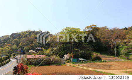 A rural Japanese landscape: cultivated fields and lush green mountains in springtime in Koyasu village, Yokosuka. A rural Japanese landscape: cultivated fields and lush green mountains in springtime in Koyasu village, Yokosuka. 139052359