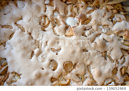 Detailed closeup top view of a freshly baked homemade apple pie texture with apple slices and golden crust. Detailed closeup top view of a freshly baked homemade apple pie texture with apple slices and golden crust. 139052969