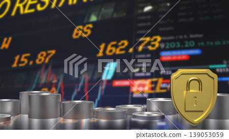 Secure Financial Protection Concept with Lock and Coins 3d render. Secure Financial Protection Concept with Lock and Coins 3d render. 139053059