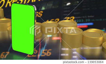 Mobile Trading and Investment Concept with Smartphone Green Screen and Financial Market Background 3d render. Mobile Trading and Investment Concept with Smartphone Green Screen and Financial Market Background 3d render. 139053064