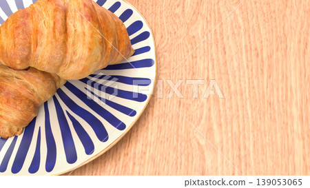 Fresh Croissant Breakfast on Plate with Wooden Table Background 3d render. Fresh Croissant Breakfast on Plate with Wooden Table Background 3d render. 139053065