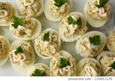 Eggs Raw and Cooked Stuffed Eggs Food Concept 139053159