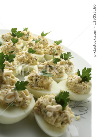 Eggs Raw and Cooked Stuffed Eggs Food Concept Eggs Raw and Cooked Stuffed Eggs Food Concept 139053160