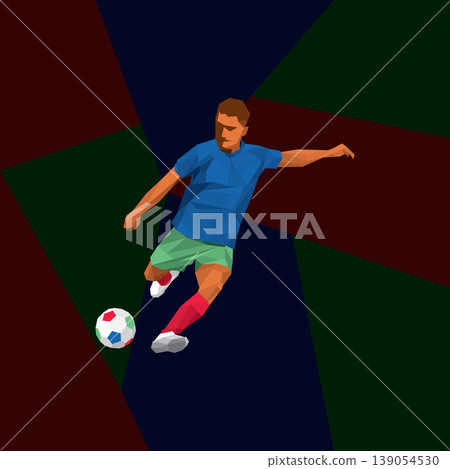 Polygon football player kick the ball with grometric red, blue and green background square template have blank space. Polygon football player kick the ball with grometric red, blue and green background square template have blank space. 139054530
