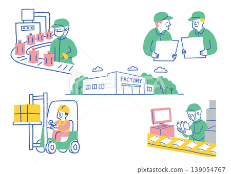A set of people working in a pouch manufacturing plant (colors) 139054767