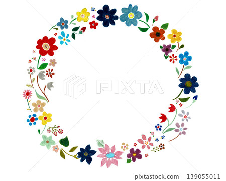 Colorful flower wreath frame material drawn with hand-drawn colored pencils. Colorful flower wreath frame material drawn with hand-drawn colored pencils. 139055011