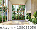 Modern contemporary empty room with double-height ceiling and large windows overlooking lush green trees 3d render 139055050