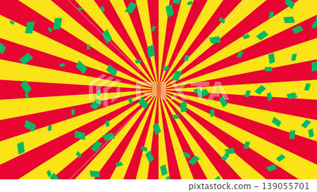 A vibrant red and yellow radial background with green confetti. A vibrant red and yellow radial background with green confetti. 139055701
