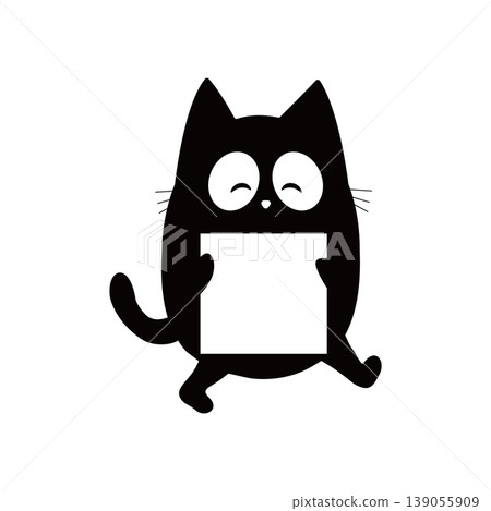 A smiling black cat illustration holding a card; a relaxed, hand-drawn style; includes copy space. A smiling black cat illustration holding a card; a relaxed, hand-drawn style; includes copy space. 139055909