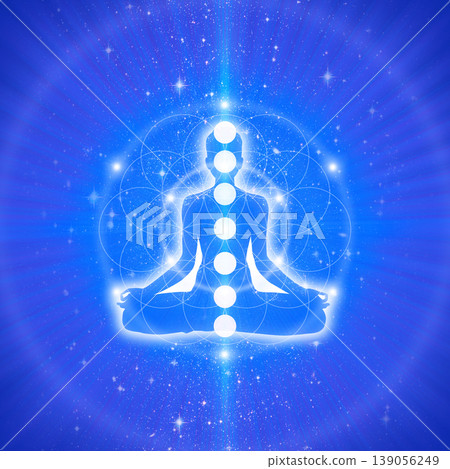 Simple white meditation yoga and chakra design on a blue background | Sacred Geometry Design Simple white meditation yoga and chakra design on a blue background | Sacred Geometry Design 139056249