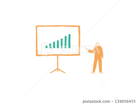 A hand-drawn illustration (orange and green) of a presenter holding a conductor's baton, standing slightly to the right of the screen. 139056455