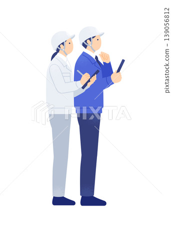 一幅男女戴著頭盔的全身側面輪廓插圖，圖中一名田野工作人員正在用平板電腦進行記錄和檢查。 139056812