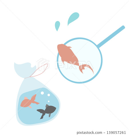 金魚覓食的簡單插圖;清新的夏日水下景象。 金魚覓食的簡單插圖;清新的夏日水下景象。 139057261