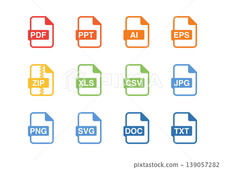 Colorful File Format Icon Set | PDF, PPT, AI, EPS, ZIP, XLS, CSV, JPG Colorful File Format Icon Set | PDF, PPT, AI, EPS, ZIP, XLS, CSV, JPG 139057282