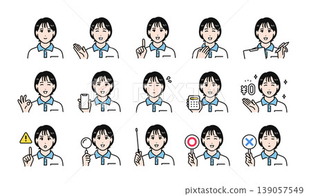一套適合商務場合的面部表情圖標,圖標人物是一位身穿polo衫的年輕女員工。 一套適合商務場合的面部表情圖標,圖標人物是一位身穿polo衫的年輕女員工。 139057549