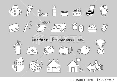 Line art icon set for disaster preparedness supplies and evacuation measures Line art icon set for disaster preparedness supplies and evacuation measures 139057607