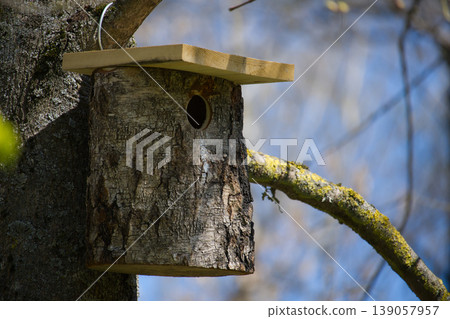 Rustic birdhouse made from natural bark attached to a tree trunk Rustic birdhouse made from natural bark attached to a tree trunk 139057957