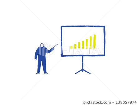 A hand-drawn illustration (blue and yellow) of a presenter holding a conductor's baton, standing slightly to the left of the screen. 139057974
