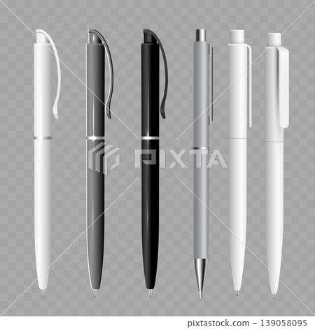 Realistic Ballpoint Pen Mockup Set. Vector Blank White, Black and Silver Stationery Templates for Corporate Branding. 139058095