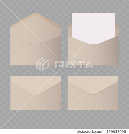 Realistic Blank White Envelope Mockup Set. Vector Open and Closed Mail Templates with Paper Card Insert. Realistic Blank White Envelope Mockup Set. Vector Open and Closed Mail Templates with Paper Card Insert. 139058096