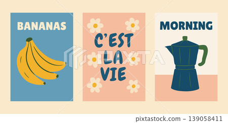 Whimsical food illustration bundle playful retro food and drink posters. Colorful wall art. Whimsical food illustration bundle playful retro food and drink posters. Colorful wall art. 139058411