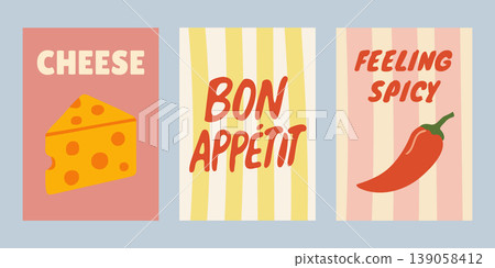 Funky retro wall decor with food motifs and catchy phrases. Pop art style poster set with colorful text and graphics. Funky retro wall decor with food motifs and catchy phrases. Pop art style poster set with colorful text and graphics. 139058412