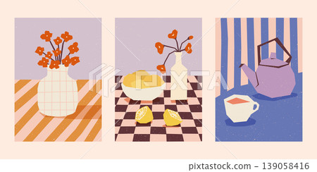 Retro cozy kitchen still life poster bundle. Warm minimalist food and drink illustration collection. Warm vintage food and beverage poster set.. Retro cozy kitchen still life poster bundle. Warm minimalist food and drink illustration collection. Warm vintage food and beverage poster set.. 139058416