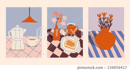 Cozy morning coffee and bread poster bundle. Warm vintage food and beverage poster set. Cozy morning coffee and bread poster bundle. Warm vintage food and beverage poster set. 139058417