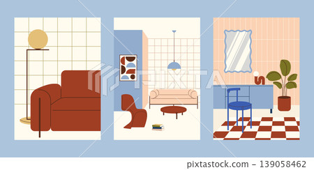 Mid century modern interior wall art poster collection. Minimalist home interior illustration set with retro furniture. Mid century modern interior wall art poster collection. Minimalist home interior illustration set with retro furniture. 139058462