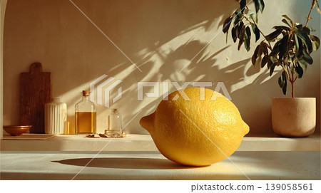 raw yellow lemon on shelf in living room 139058561