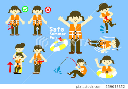 How to properly wear a child's life jacket: step-by-step illustrations for preventing water accidents and safety education. How to properly wear a child's life jacket: step-by-step illustrations for preventing water accidents and safety education. 139058852