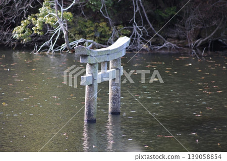 A tourist attraction in Koka City: the submerged torii gate at Benten Pond, located in the "Nasaka Oikeji Nature Park". A tourist attraction in Koka City: the submerged torii gate at Benten Pond, located in the "Nasaka Oikeji Nature Park". 139058854