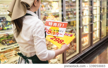 A store clerk holding a price tag for a sale at a supermarket A store clerk holding a price tag for a sale at a supermarket 139058883