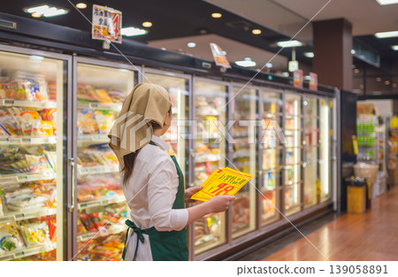 一位女士正在超市的冷凍食品區查看商品。 一位女士正在超市的冷凍食品區查看商品。 139058891