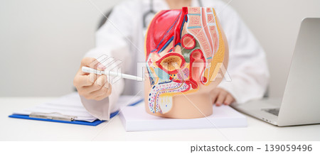 Doctor with Male Reproductive System anatomy model. Male consultation, Prostate Cancer, Enlarged prostate, Prostatitis disease, Male Infertility, Erectile dysfunction, Penis and Male genital disorder 139059496