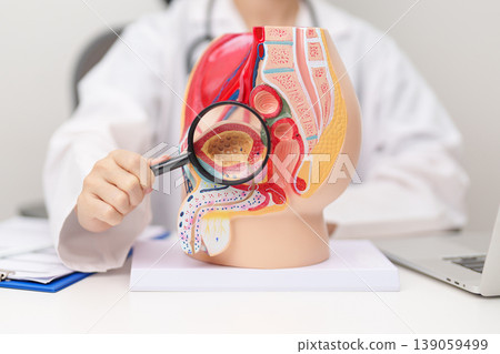Doctor with Male Reproductive System anatomy model. Male consultation, Prostate Cancer, Enlarged prostate, Prostatitis disease, Male Infertility, Erectile dysfunction, Penis and Male genital disorder Doctor with Male Reproductive System anatomy model. Male consultation, Prostate Cancer, Enlarged prostate, Prostatitis disease, Male Infertility, Erectile dysfunction, Penis and Male genital disorder 139059499