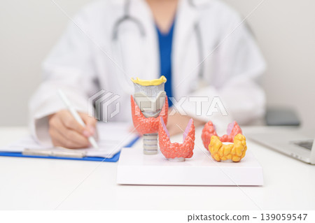 Doctor with human Thyroid anatomy model. Hyperthyroidism, Hypothyroidism, Hashimoto Thyroiditis, Thyroid Tumor and Cancer, Postpartum, Papillary Carcinoma and Health concept Doctor with human Thyroid anatomy model. Hyperthyroidism, Hypothyroidism, Hashimoto Thyroiditis, Thyroid Tumor and Cancer, Postpartum, Papillary Carcinoma and Health concept 139059547