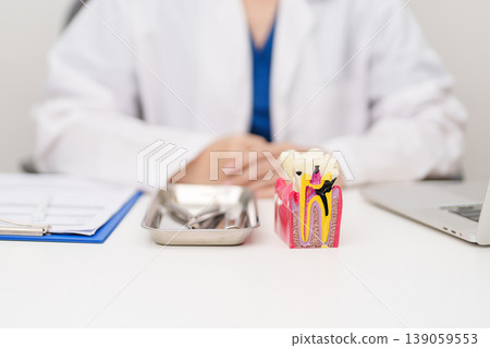 Dentist with tooth Anatomy model. Oral Teeth decay and disease, Scrape off tartar. March Oral health, Dentist Day, False Teeth. Toothache and Children Dental Health Month and Orthodontic Health Day 139059553