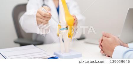 Doctor with Human Knee joint anatomy model. Osteoarthritis, Patellofemoral Pain Syndrome, Patellar Tendinitis, ACL, Anterior Cruciate Ligament, PCL, Posterior, MCL, Medial Collateral, LCL and Lateral Doctor with Human Knee joint anatomy model. Osteoarthritis, Patellofemoral Pain Syndrome, Patellar Tendinitis, ACL, Anterior Cruciate Ligament, PCL, Posterior, MCL, Medial Collateral, LCL and Lateral 139059646
